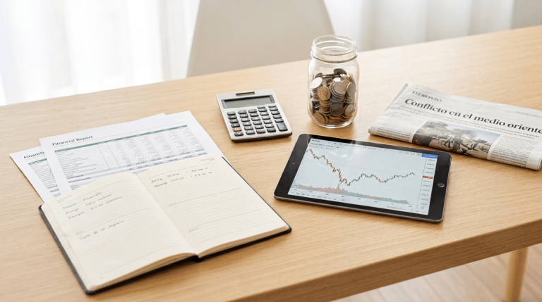 Reportes financieros y gráfico del mercado mostrando volatilidad y recuperación sobre un escritorio de planificación financiera.