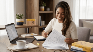 Female gig worker doing her taxes