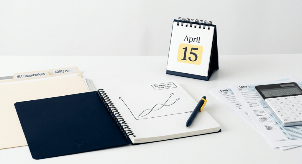 Tax documents with calculator, calendar marked April 15, and stacked coins representing IRA tax savings before the filing deadline