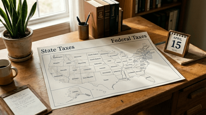 Map of the US showing Federal Taxes and State Taxes