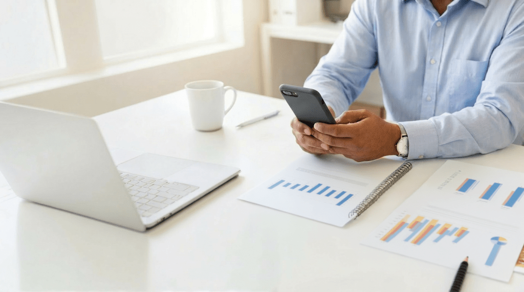 Person reviewing retirement investment charts on a desk while holding a smartphone, representing how non-citizens can open an IRA in the United States.