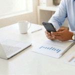 Person reviewing retirement investment charts on a desk while holding a smartphone, representing how non-citizens can open an IRA in the United States.
