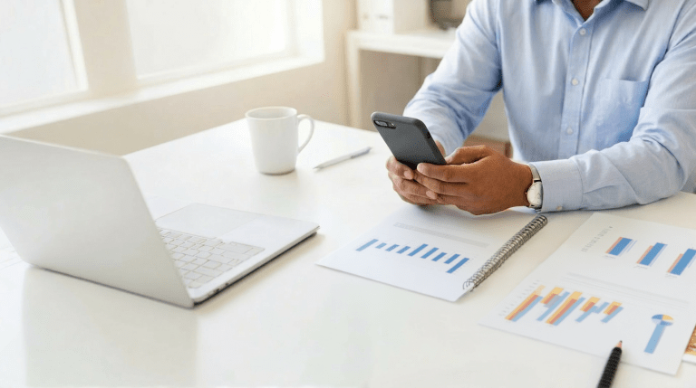 Person reviewing retirement investment charts on a desk while holding a smartphone, representing how non-citizens can open an IRA in the United States.