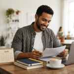 Trabajador independiente latino haciendo impuestos