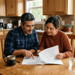 Pareja Hispana en su cocina revisando su seguro de hogar.