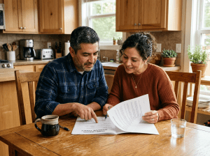 Pareja Hispana en su cocina revisando su seguro de hogar.