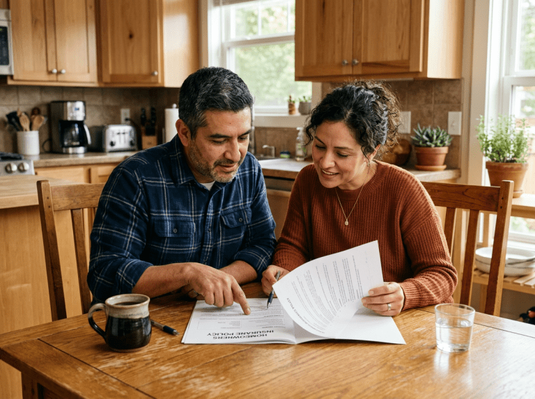Pareja Hispana en su cocina revisando su seguro de hogar.