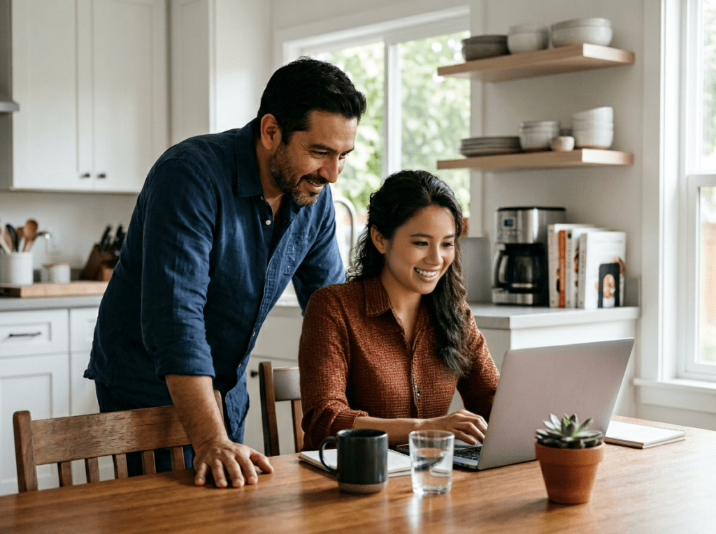Pareja hispana comparando seguro de hogar