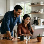 Pareja hispana comparando seguro de hogar