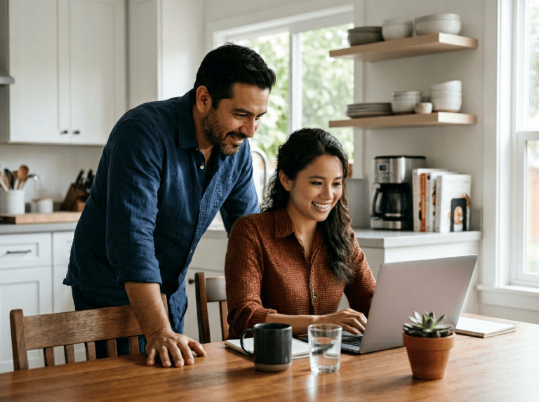 Pareja hispana comparando seguro de hogar