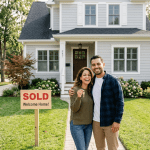 Seguro de casa. Pareja hispana comprando su primera casa.