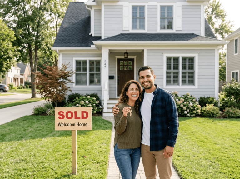 Seguro de casa. Pareja hispana comprando su primera casa.