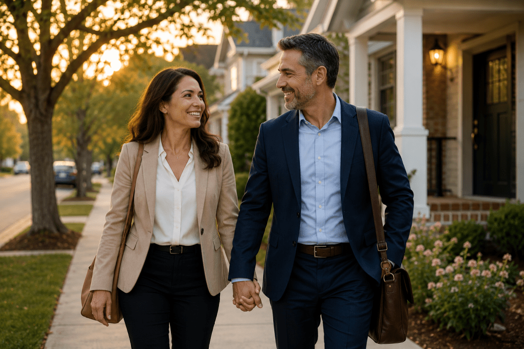 Pareja latina regresando del trabajo