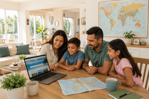 Familia planeando vacaciones
