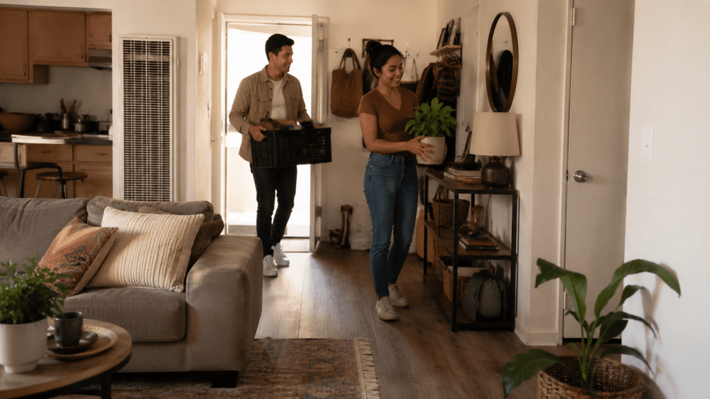 Pareja mudándose a su apartamento