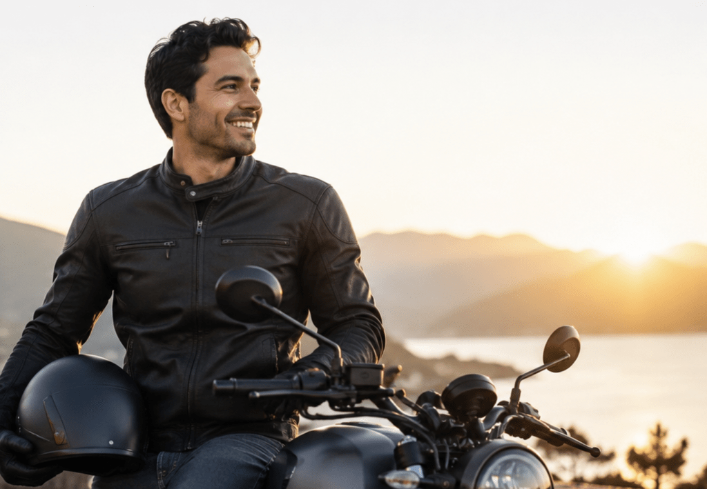 A man with his motorcycle happy after comparing motorcycle insurance